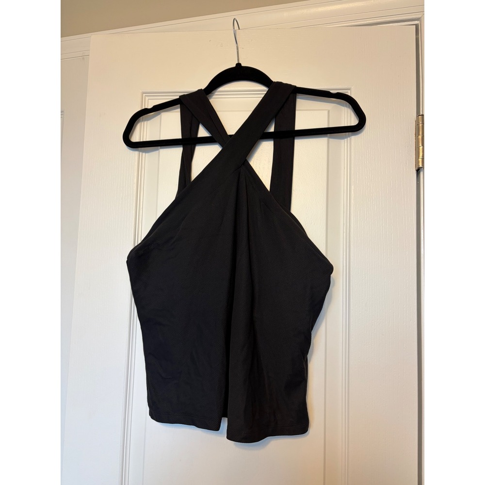 CALIA Women Black Ribbed High Neck Cross Front Tank Top with Shelf Bra Large